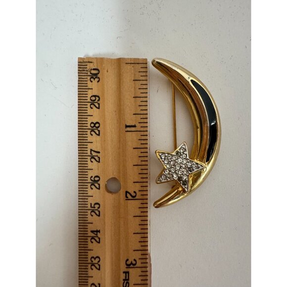 Vintage Gold-Tone Crescent Moon & Star Brooch With Rhinestones & Black Enamel - Picture 5 of 16